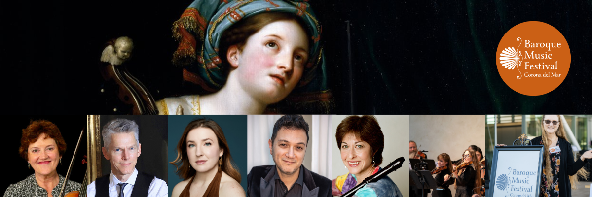 graphic of St. Cecilia portrait, logo, and headshots