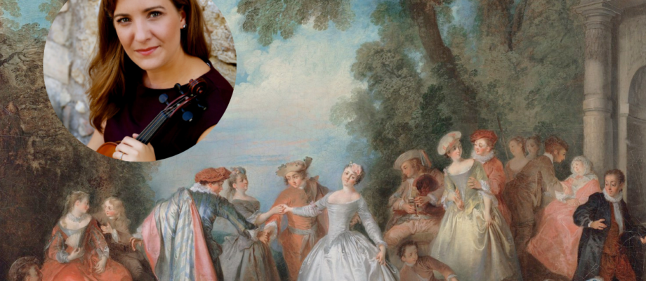 18th century outdoor party with dancing and musicians plus headshot of educator director Lindsey Strand-Polyak